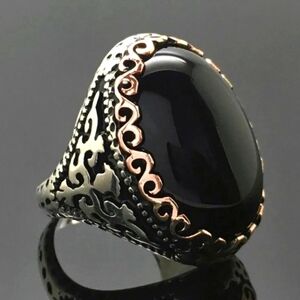 Unisex ring black stone oval, 925 silver and gold look size 8